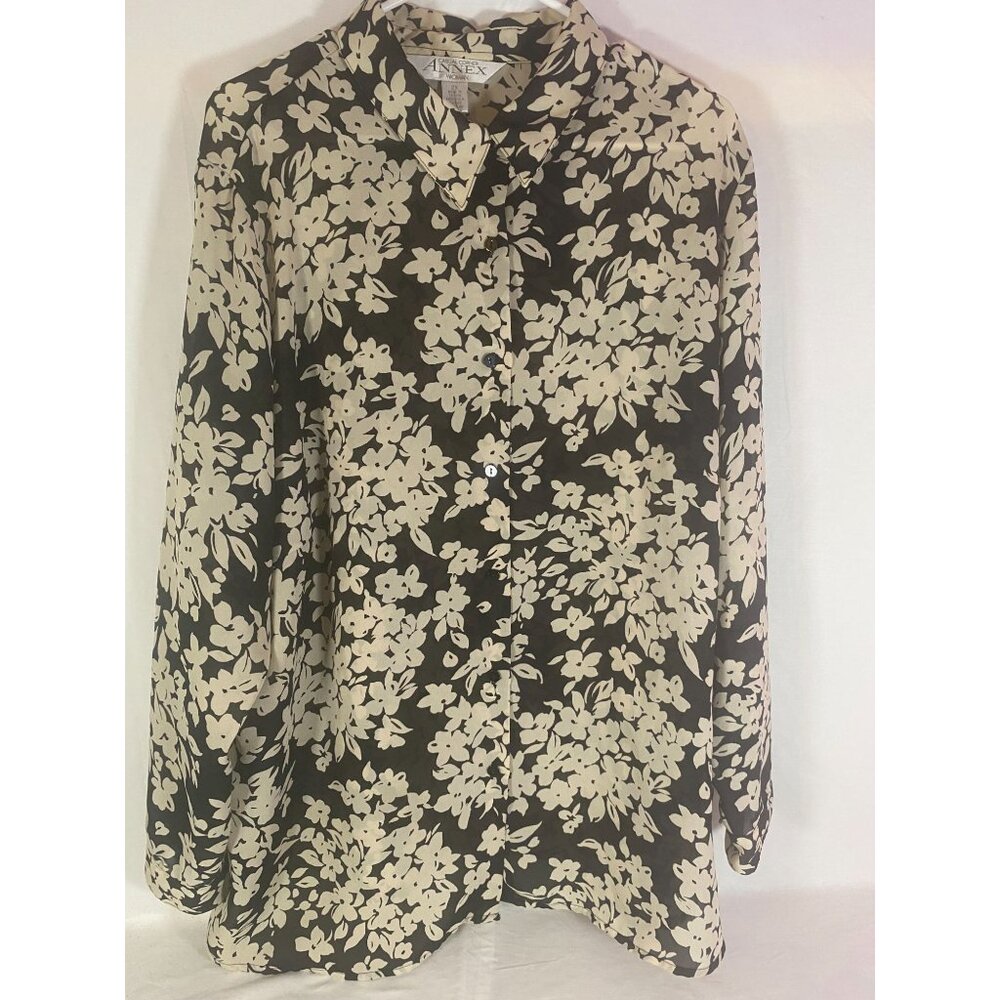 Casual Corner Annex Black & Cream Floral Button Up Long Sleeve Collard Blouse Si
